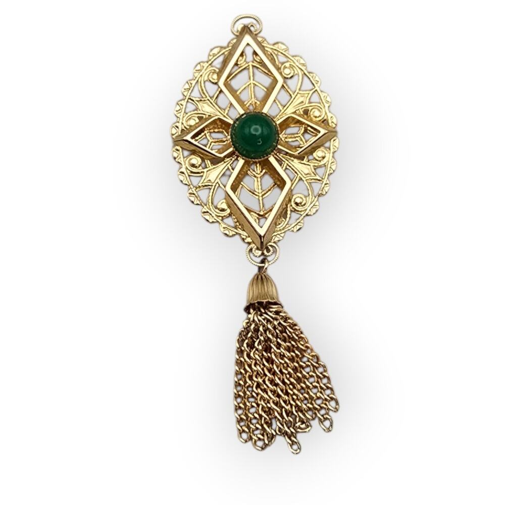 Sarah Coventry Peking Filigree Vintage Brooch with Green Cabochon & Tassel